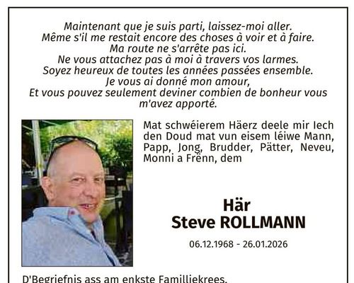 D'Lëtzebuerger Handballfederatioun huet déi traureg Pflicht, den Doud vum SteveRollmann matzedeelen. 