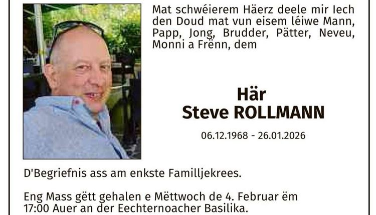 D'Lëtzebuerger Handballfederatioun huet déi traureg Pflicht, den Doud vum SteveRollmann matzedeelen. 